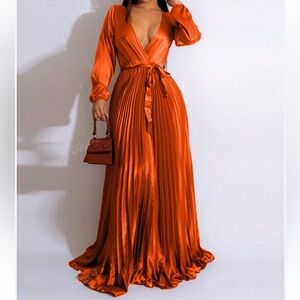 SHEIN Rust Satin Pleated Wrap Midi Dress – Size 2XL
